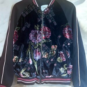 Black and Pink Floral Bomber Jacket Velvet Finish
